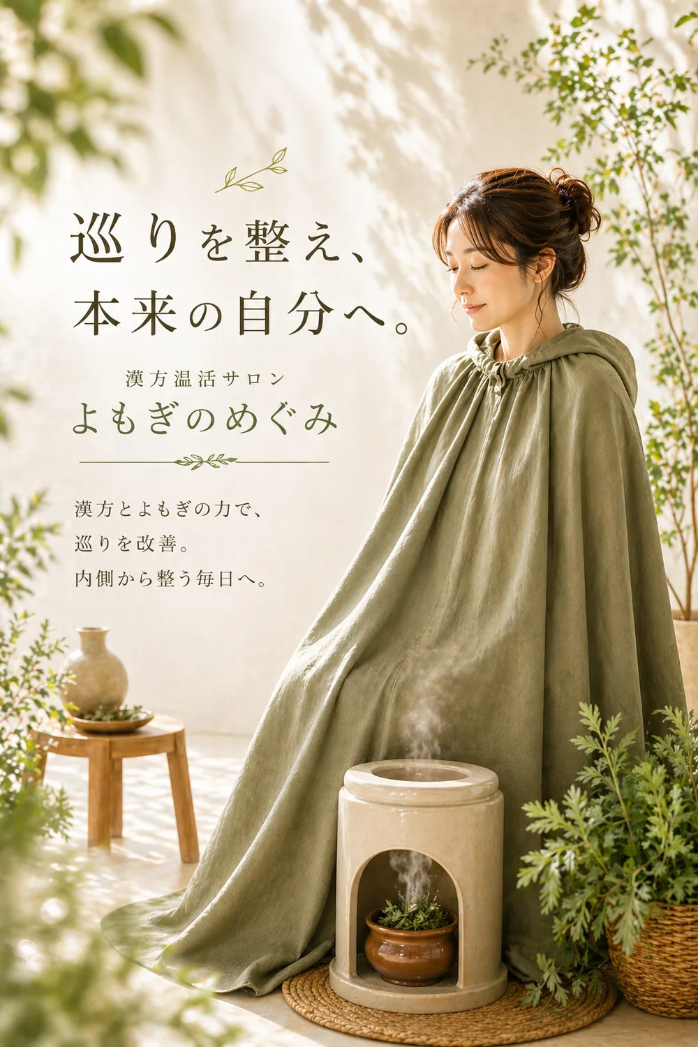 よもぎ蒸しでくつろぐ女性 — 巡りを整え、本来の自分へ